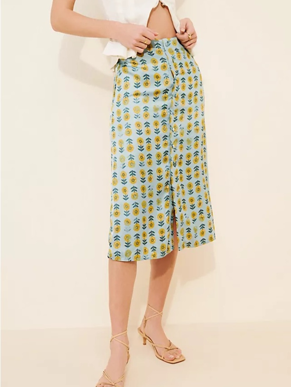 Free People Analise Printed Floral Midi Skirt – Blue/Yellow – Size 4 – NWT